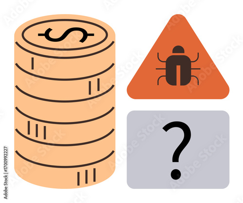 Stack of coins symbolizing money, warning sign with bug suggesting risk, and question mark denoting uncertainty. Ideal for concepts thumbs up finance, cybersecurity, decision-making, risk
