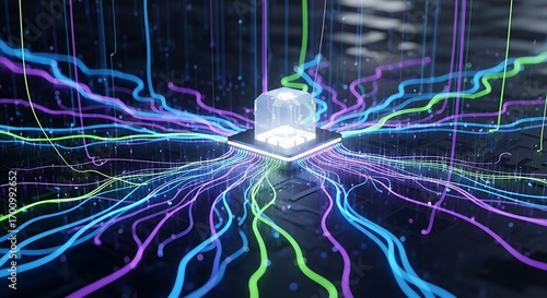 Futuristic CPU with Glowing Data Streams and Transparent Cube.