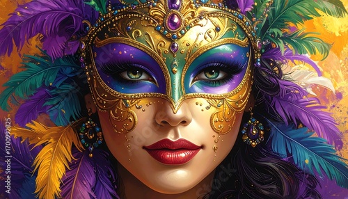 Wallpaper Mural A close-up portrait of a woman wearing a lavish, ornate Mardi Gras mask, adorned with vibrant colors and decorative feathers. Torontodigital.ca