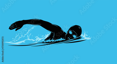 Powerful Swimmer Silhouette with Glowing Blue Eyes in Dynamic Blue Water Splash Illustration