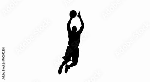 Dynamic basketball player silhouette in mid-air action, jumping with ball. Sports athlete isolated on white background for design.