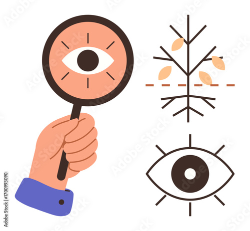 Magnifying glass with eye, abstract tree with roots and leaves, and singular eye. Ideal for research, observation, growth, insight, exploration, vision and conceptual analysis in simple flat
