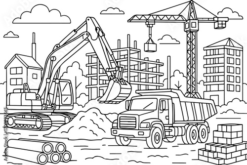 hand drawn vector doodle illustration of detailed construction site coloring page for kids line art