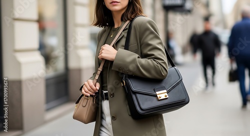 Stylish woman in a blazer with two handbags walking on the city street in a blur motion