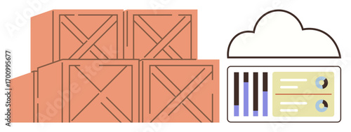 Stacked wooden crates symbolize inventory storage, paired with a cloud and data dashboard for tracking. Ideal for logistics, supply chain, warehouse monitoring, digital solutions, smart storage