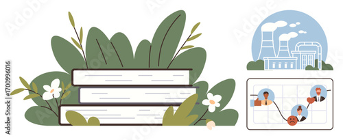 Stack of books with surrounding plants, factory emissions in background, and social network diagram with faces and emotions. Ideal for sustainability, knowledge, education, environment, pollution