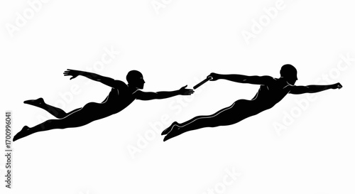 Relay baton pass silhouette: Two dynamic figures in motion, symbolizing teamwork, transition, and collaboration.
