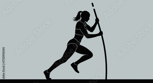 Pole Vaulting Female Athlete Silhouette. Dynamic track and field sport action, woman running with pole.
