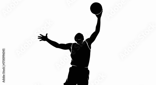 Dynamic Basketball Player Silhouette Jumping with Ball, Isolated on White Background