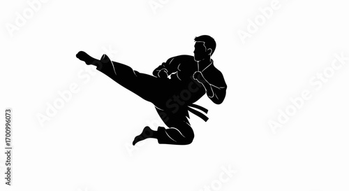 Martial Arts Athlete Silhouette with Dynamic High Kick Vector Illustration