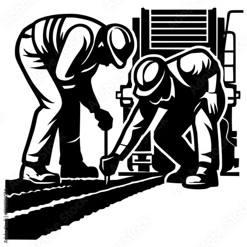 Construction workers meticulously working on road repair project
