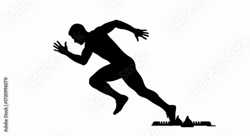 Dynamic Sprinter Silhouette in Starting Blocks. Athlete Ready to Run, Track and Field Sport, Black Figure on White.