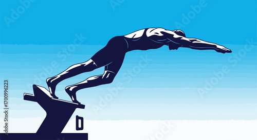 Dynamic Swimmer Dive from Starting Block - Athletic Competition Vector Illustration