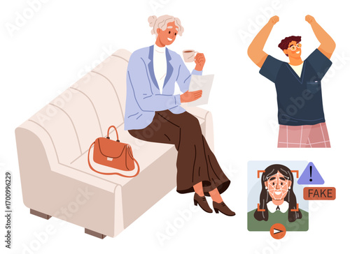 Woman seated on sofa holding coffee and paper, next to celebrating man and a deepfake warning. Ideal for technology, media literacy, cybersecurity, online ethics, AI risks, safety awareness, simple
