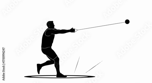 Dynamic Hammer Throw Athlete Silhouette. Track and Field Sport Action. Black and White Graphic Illustration.