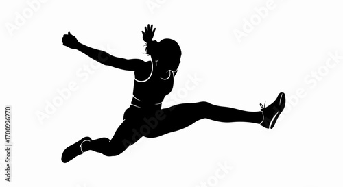 Dynamic Female Athlete Long Jump Silhouette Isolated on White Background