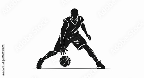 Dynamic Basketball Player Dribbling Silhouette Graphic. Sporty vector illustration of an athlete in action.