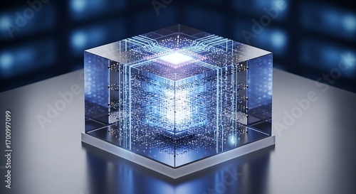 Luminous Quantum Computing Core Intricate Blue Data Network within Transparent Cube Symbolizing AI and Big Data.