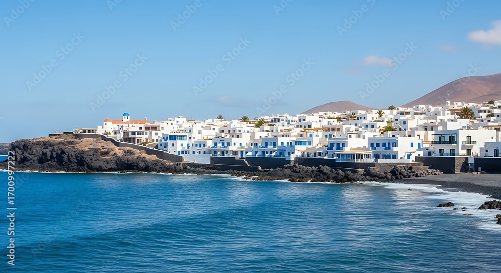 Fototapeta premium Picturesque Coastal Town with Whitewashed Buildings and Blue Sea.