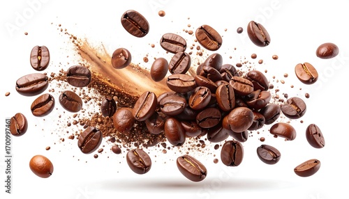 A dynamic display of coffee beans in mid-air, suspended amidst a rich, brown powder explosion, against a pure white backdrop.