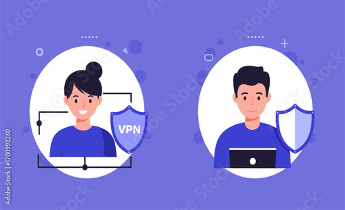 Digital illustration showcasing diverse user avatars protected by shields, emphasizing secure online browsing, virtual private networks, and robust data privacy.