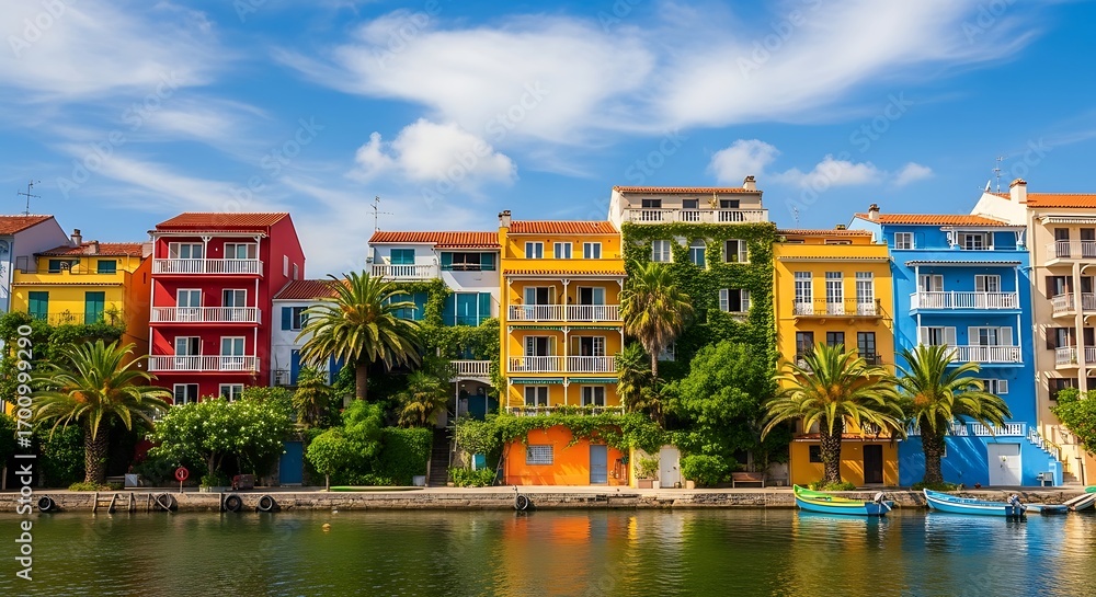 Fototapeta premium Picturesque waterside vista of vibrant colorful buildings under a clear blue cloudy sky