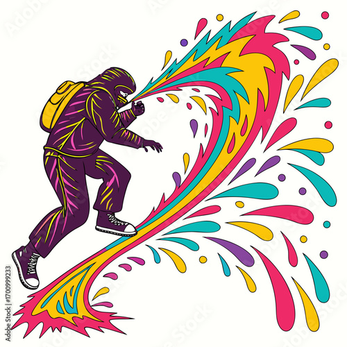 An icon shows a person in a protective suit with a backpack, running and shooting rainbow-colored paint from a spray can. The image is intended to represent art or a creative endeavor.

