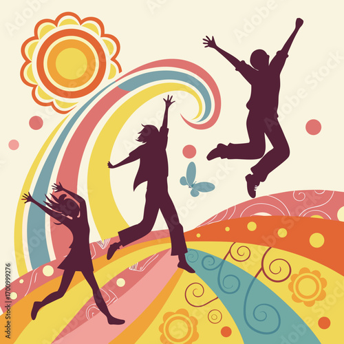 Joyful vector art shows three people jumping under a sun and colorful rainbow. The scene conveys happiness and freedom.

