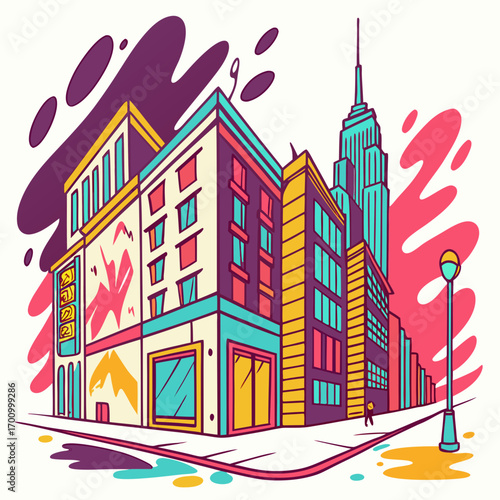 Colorful AI-generated city landscape, depicting buildings and streets in a stylized, cartoon-like art style. The image is used to indicate an AI content type.

