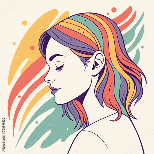 Colorful portrait of a woman with rainbow hair, and closed eyes, set against a painterly background. This is one of many similar images that were submitted as files.

