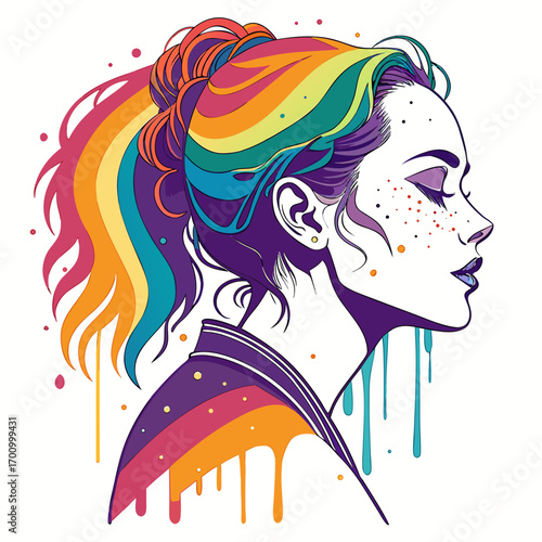 A stylized profile of a woman with rainbow hair in a ponytail. The woman is depicted with freckles and paint drips from the rainbow, contributing to an artistic and vibrant feel.

