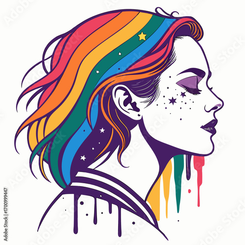 Colorful vector illustration of a woman. Her hair is rainbow-colored, and she has stars on her face. She is wearing a striped shirt.