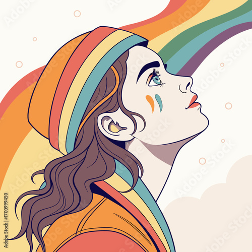 Digital art shows a person gazing upwards, adorned with rainbow stripes.