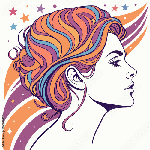 A side-profile illustration of a woman with colorful, flowing hair. Stars adorn the background with sweeping lines.

