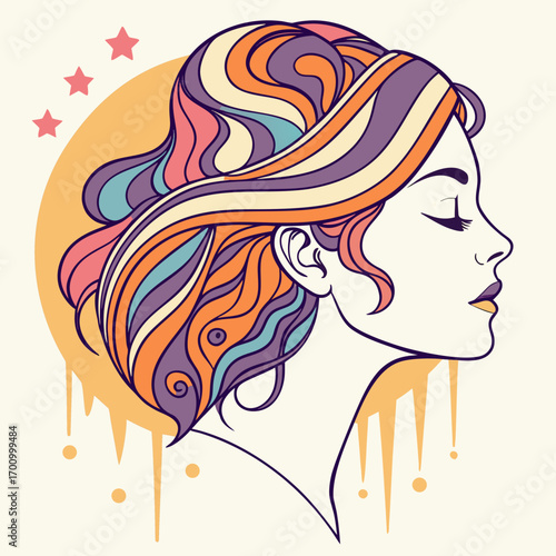 Artistic side view portrait of a woman with styled multicolored hair, against a backdrop of stars and dripping gold. The artwork focuses on beauty and style.

