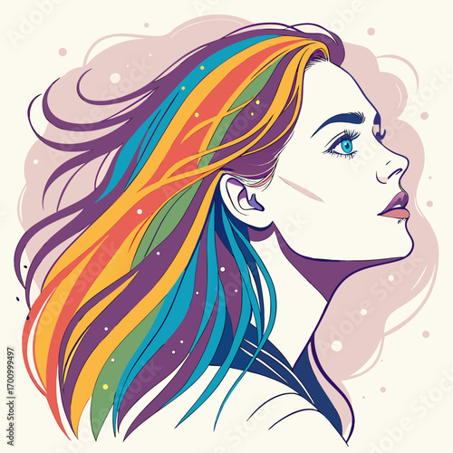 Colorful illustration of a woman with flowing rainbow hair. This vector art is ideal for expressing diversity and creativity.

