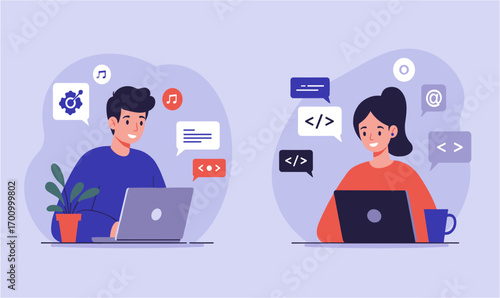 Young diverse people collaborating remotely, coding on laptops with speech bubbles indicating communication and ideas, representing teamwork and digital connection.
