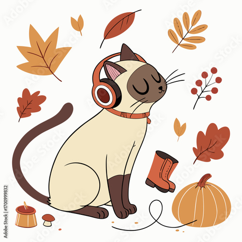 Autumn Leaves colored Siamese with a Loving touch, placed in a Autumn theme and styled with wearing headphones