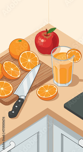 A clean isometric illustration of a healthy breakfast scene. On a kitchen counter, an apple and sliced oranges sit on a cutting board next to a glass of fresh juice with ice cubes.