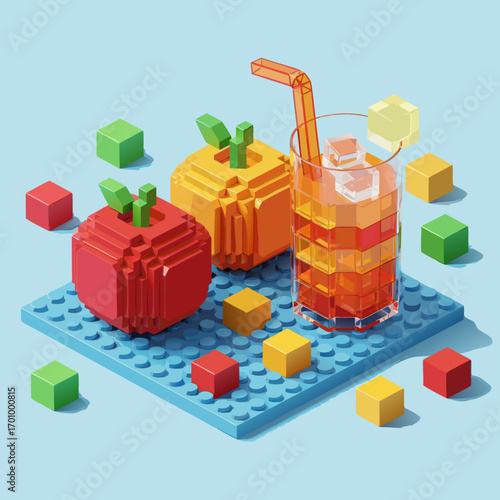 A playful 3D illustration of a glass of juice and apples constructed from colorful toy building blocks. This isometric voxel art scene has a fun, geometric, and creative concept.