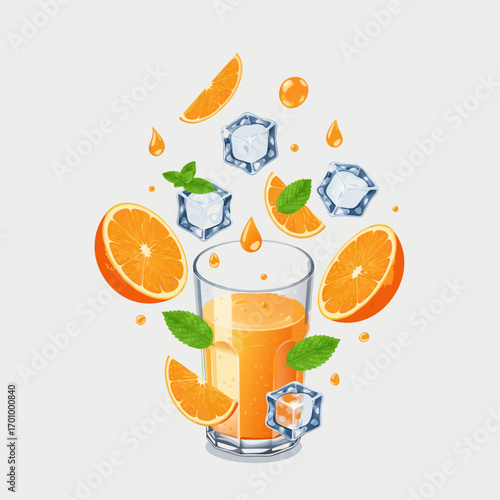 A concept vector illustration of deconstructed orange juice. Features a central glass with fresh orange halves, wedges, ice cubes, and mint leaves levitating around it on a light background.
