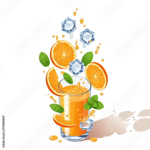 A dynamic vector illustration of orange juice splashing from a glass, surrounded by floating orange slices, ice cubes, and fresh mint leaves. Captured in motion on a white background.