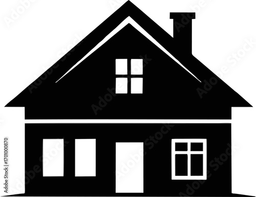 Stylized Black Silhouette of a Traditional House with Roof and Windows, Representing Home, Real Estate, and Property Concepts for Graphic Design