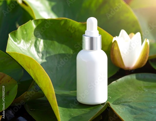 Elegant white serum bottle on lily pad with blooming lotus flower for natural beauty product campaign