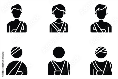 Injured man in bandage icon set. Simple outline style. Broken arm,Vector illustration isolated on white background. Editable stroke EPS 10.
