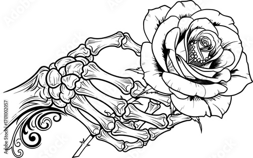 Skeleton hand holding a blooming black rose, gothic tattoo style, white background, vector.