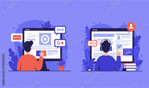 This vector illustration depicts two individuals interacting with digital interfaces, showcasing data analysis and online communication on a purple background.