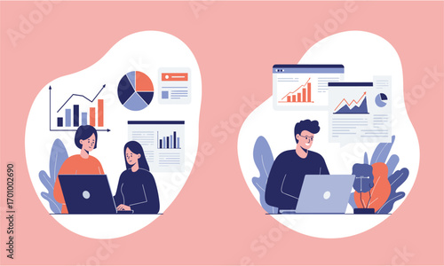 Two diverse business professionals collaborate on a laptop, analyzing data charts and graphs displayed on floating documents around them, showcasing teamwork and data analysis in a modern workspace.