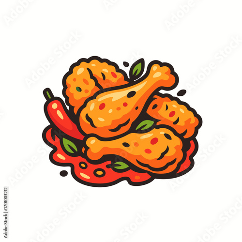 Crispy seasoned chicken wings piled high – crunchy spicy vector snack illustration