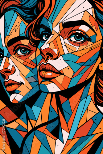 Geometric mosaic faces in bold cubist style – modern vector portrait art